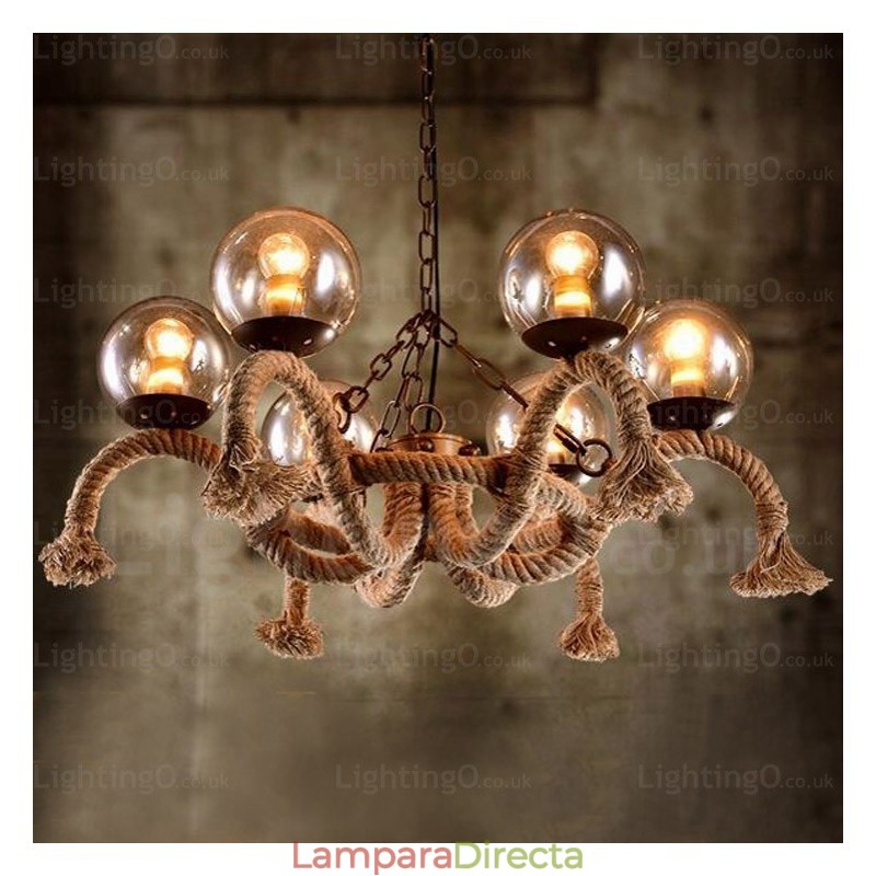Lámpara colgante retro vintage de 6 luces con pantalla de cristal