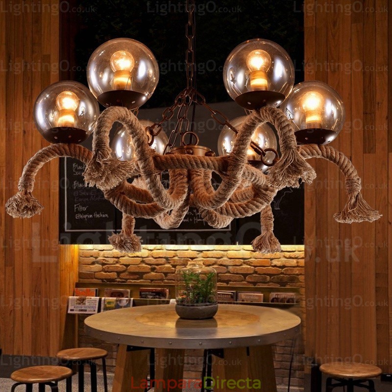 Lámpara colgante retro vintage de 6 luces con pantalla de cristal