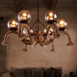 Lámpara colgante retro vintage de 6 luces con pantalla de cristal
