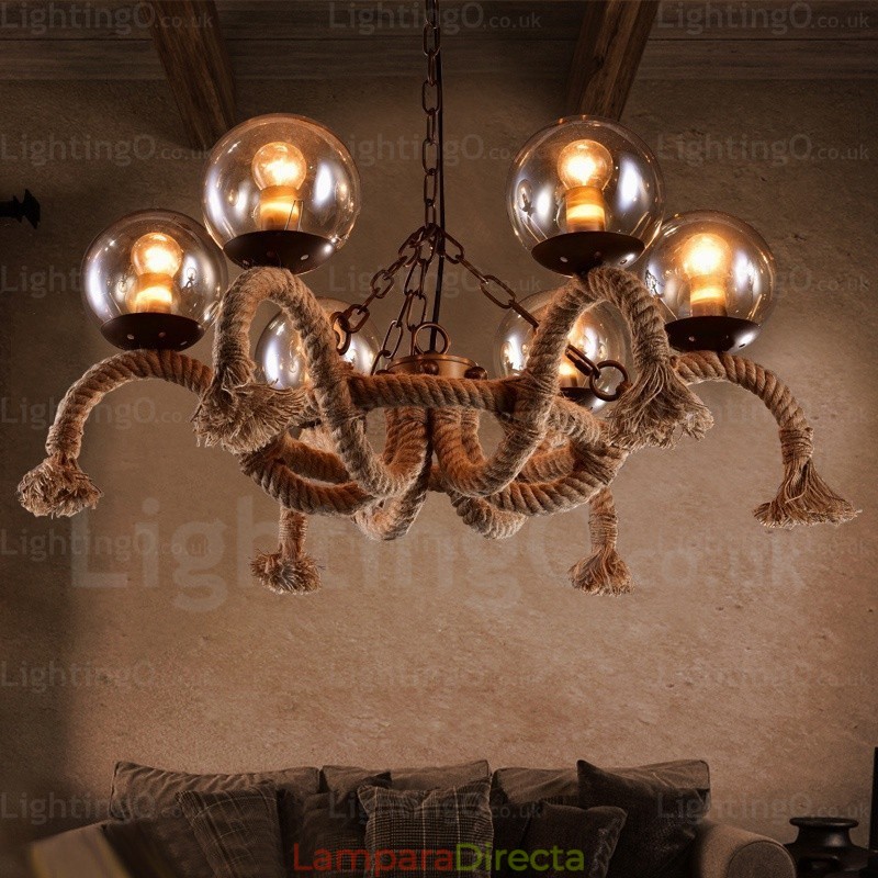 Lámpara colgante retro vintage de 6 luces con pantalla de cristal