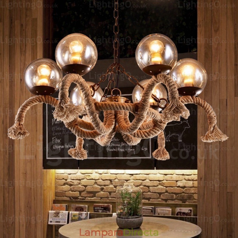 Lámpara colgante retro vintage de 6 luces con pantalla de cristal
