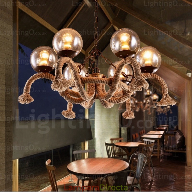 Lámpara colgante retro vintage de 6 luces con pantalla de cristal