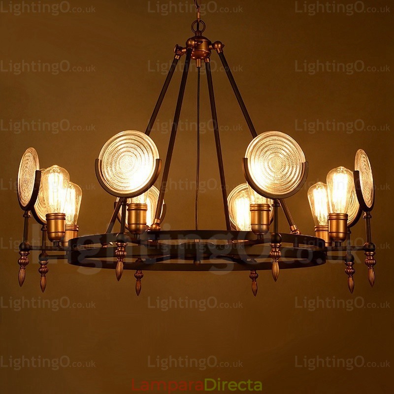 Lámpara colgante retro vintage de 6 luces con pantalla de cristal
