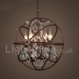 Lámpara colgante de metal con pintura de globo de cristal vintage de 4 luces y 40 cm de diámetro, color óxido