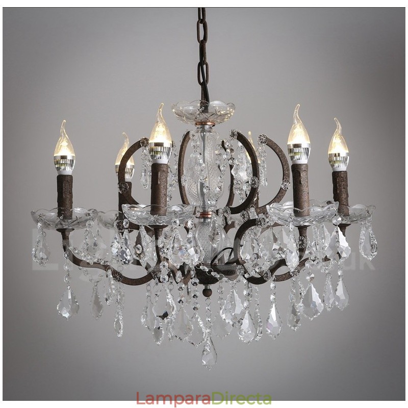 Lámpara colgante de metal con 6 luces, diámetro de 60 cm, estilo vintage, con pintura de cristal, color hierro oxidado.