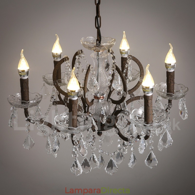 Lámpara colgante de metal con 6 luces, diámetro de 60 cm, estilo vintage, con pintura de cristal, color hierro oxidado.