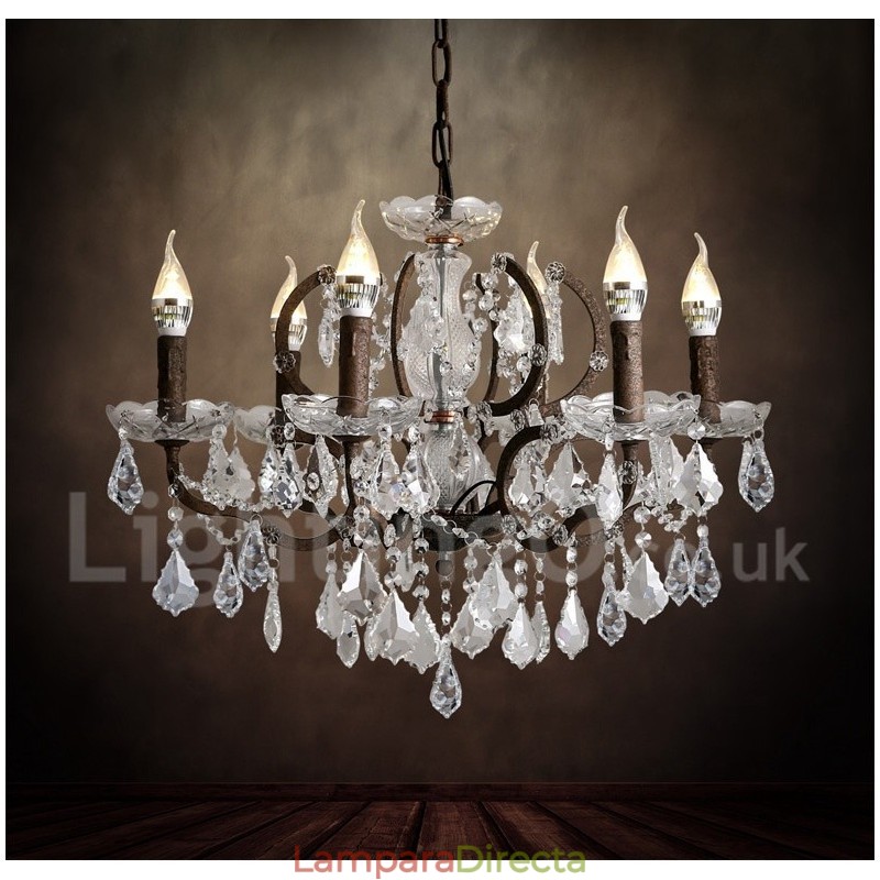 Lámpara colgante de metal con 6 luces, diámetro de 60 cm, estilo vintage, con pintura de cristal, color hierro oxidado.