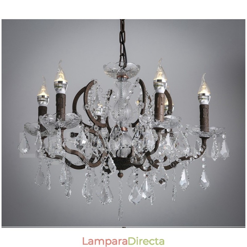 Lámpara colgante de metal con 6 luces, diámetro de 60 cm, estilo vintage, con pintura de cristal, color hierro oxidado.