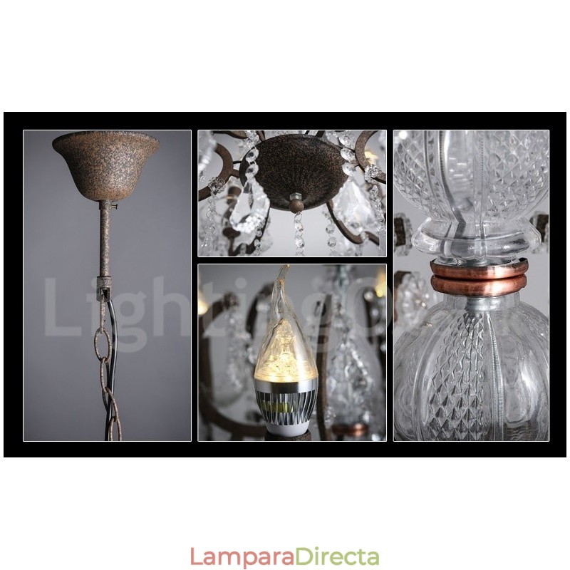 Lámpara colgante de metal con 6 luces, diámetro de 60 cm, estilo vintage, con pintura de cristal, color hierro oxidado.
