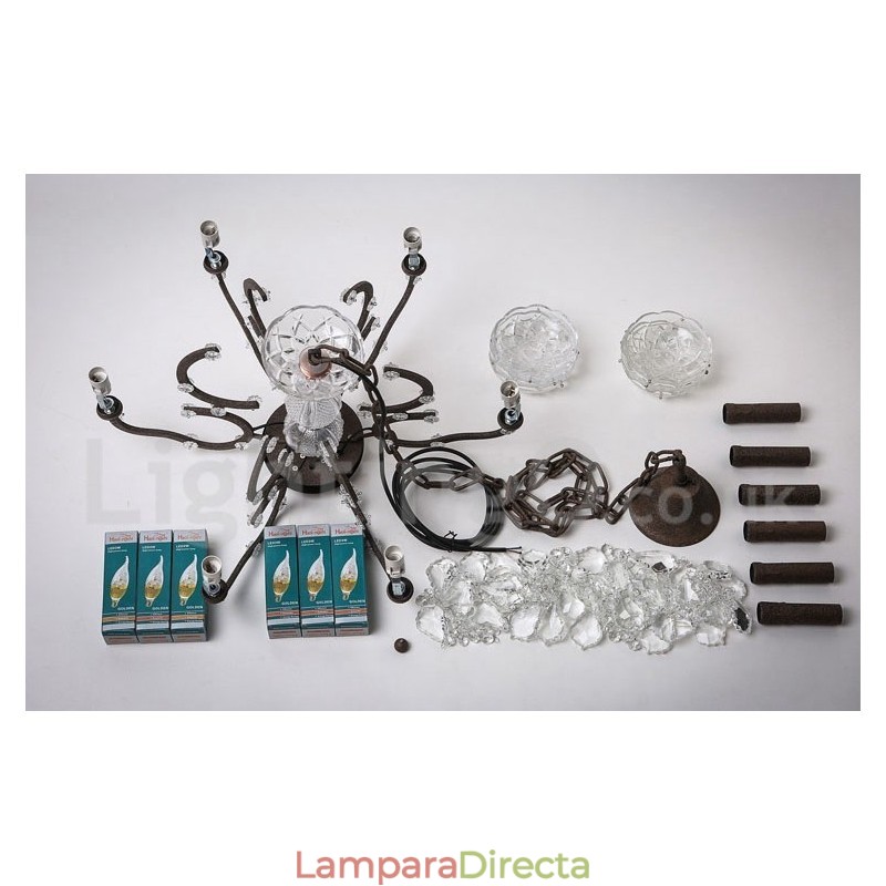 Lámpara colgante de metal con 6 luces, diámetro de 60 cm, estilo vintage, con pintura de cristal, color hierro oxidado.