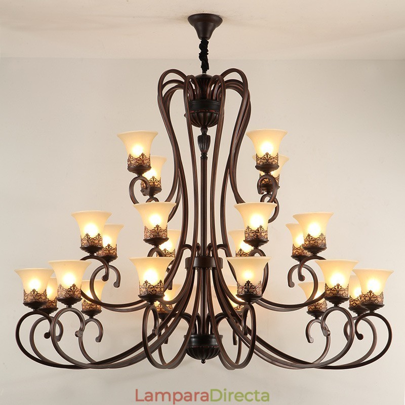 Lámpara de araña de metal con 24 luces y pantallas de cristal para techo alto, estilo vintage de isla campestre.