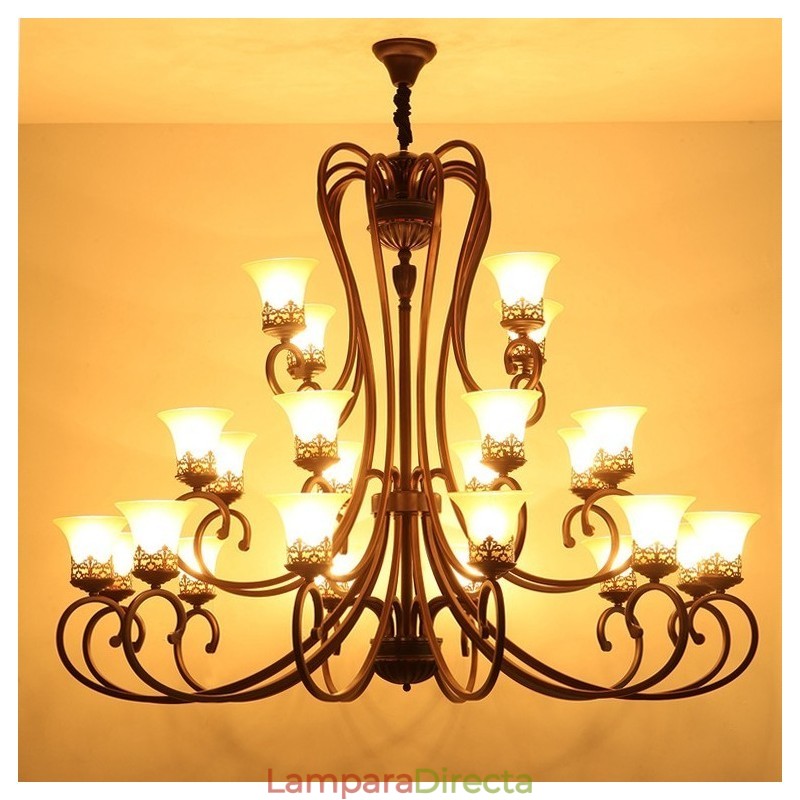 Lámpara de araña de metal con 24 luces y pantallas de cristal para techo alto, estilo vintage de isla campestre.