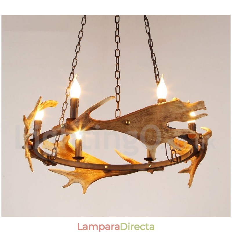 Lámpara de araña rústica de 6 luces con forma de asta