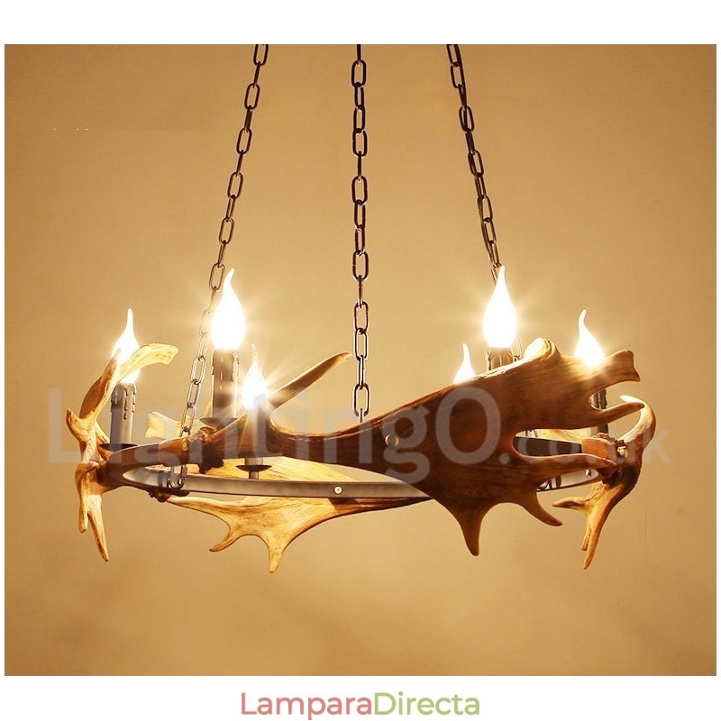 Lámpara de araña rústica de 6 luces con forma de asta