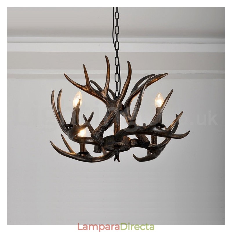 Lámpara de araña rústica artística retro de 4 luces con diseño de cuernos en negro degradado