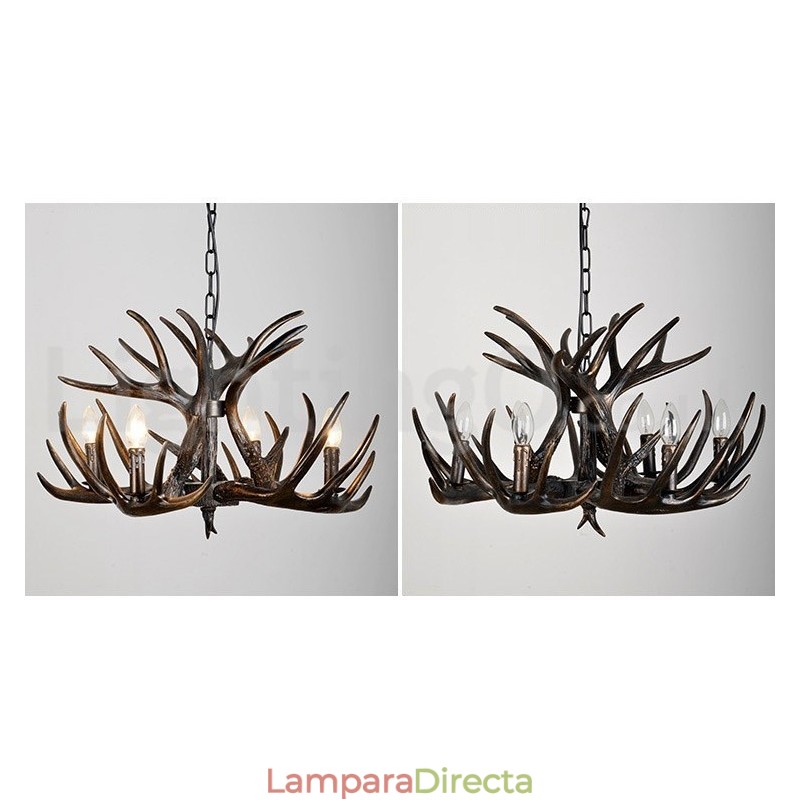 Lámpara de araña rústica artística retro de 4 luces con diseño de cuernos en negro degradado