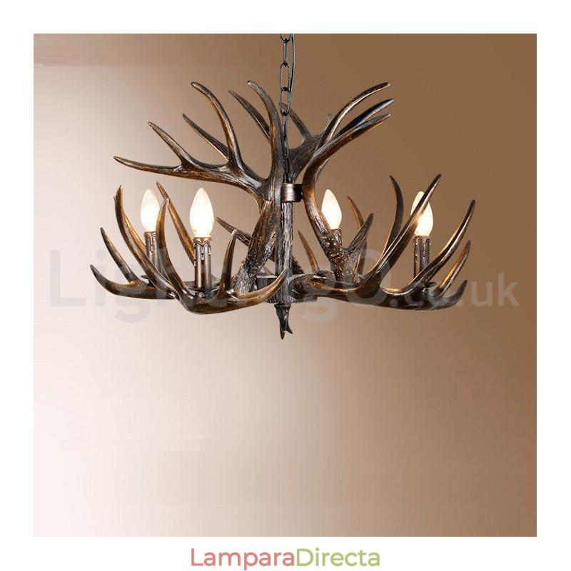 Lámpara de araña rústica artística retro de 4 luces con diseño de cuernos en negro degradado