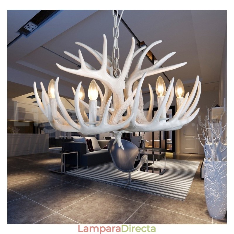 Lámpara de araña rústica artística retro de 6 luces con diseño de astas blancas