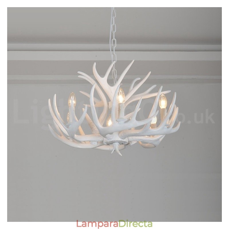 Lámpara de araña rústica artística retro de 6 luces con diseño de astas blancas