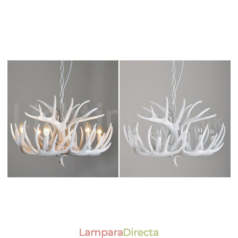 Lámpara de araña rústica artística retro de 6 luces con diseño de astas blancas