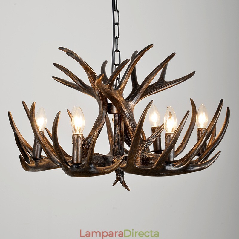 Lámpara de araña rústica artística retro de 6 luces con diseño de astas negras