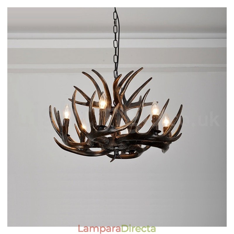 Lámpara de araña rústica artística retro de 6 luces con diseño de astas negras