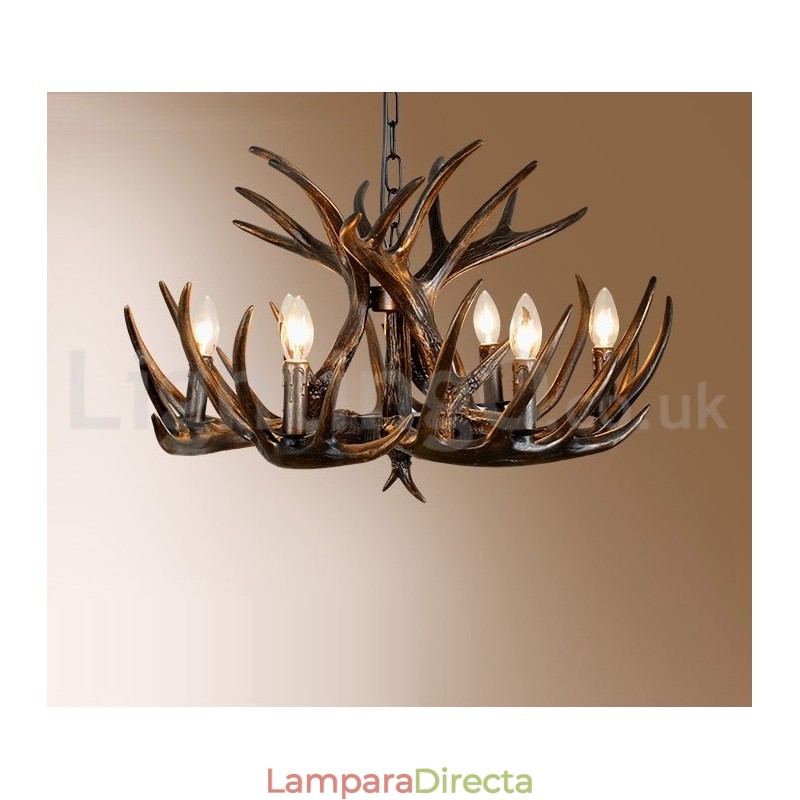 Lámpara de araña rústica artística retro de 6 luces con diseño de astas negras