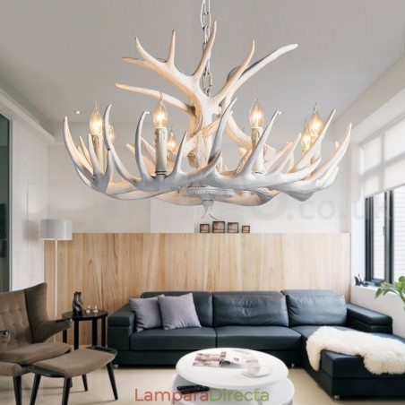 Lámpara de araña rústica artística retro de 9 luces con forma de asta blanca Lámpara de araña rústica artística retro de 9 luces con forma de asta blanca