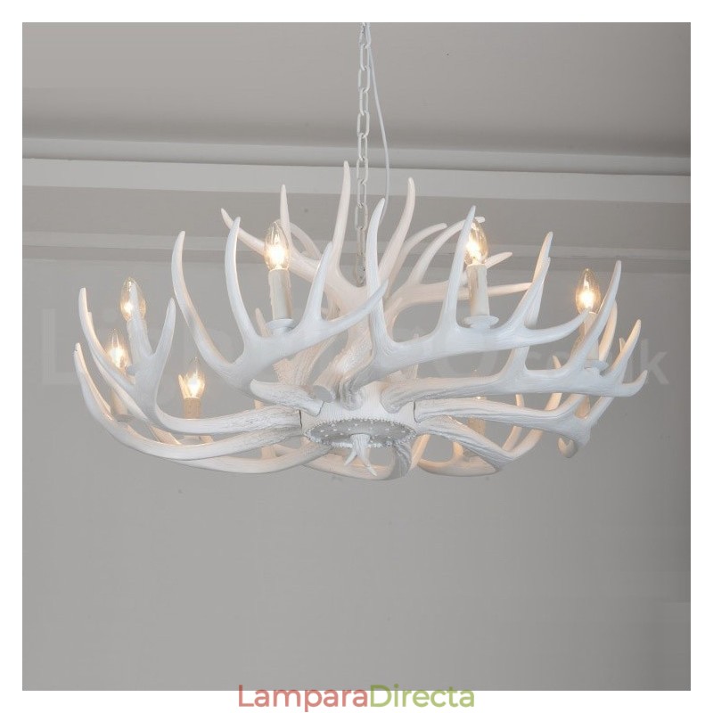 Lámpara de araña rústica artística retro de 9 luces con forma de asta blanca