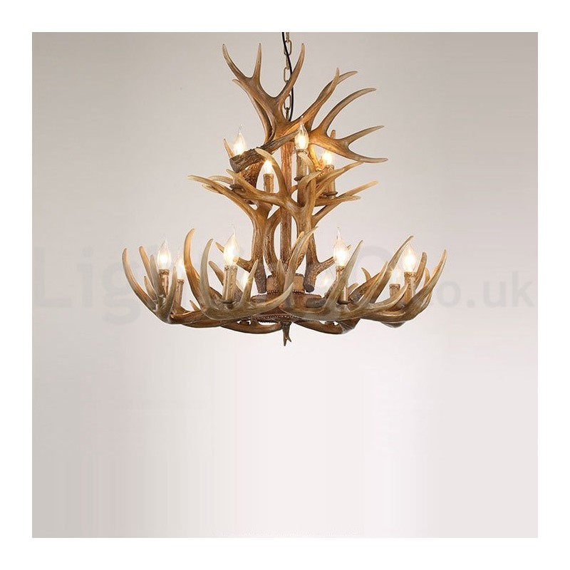 Lámpara de araña vintage rústica, artística, retro, con diseño de astas, de 12 luces y 2 lazos