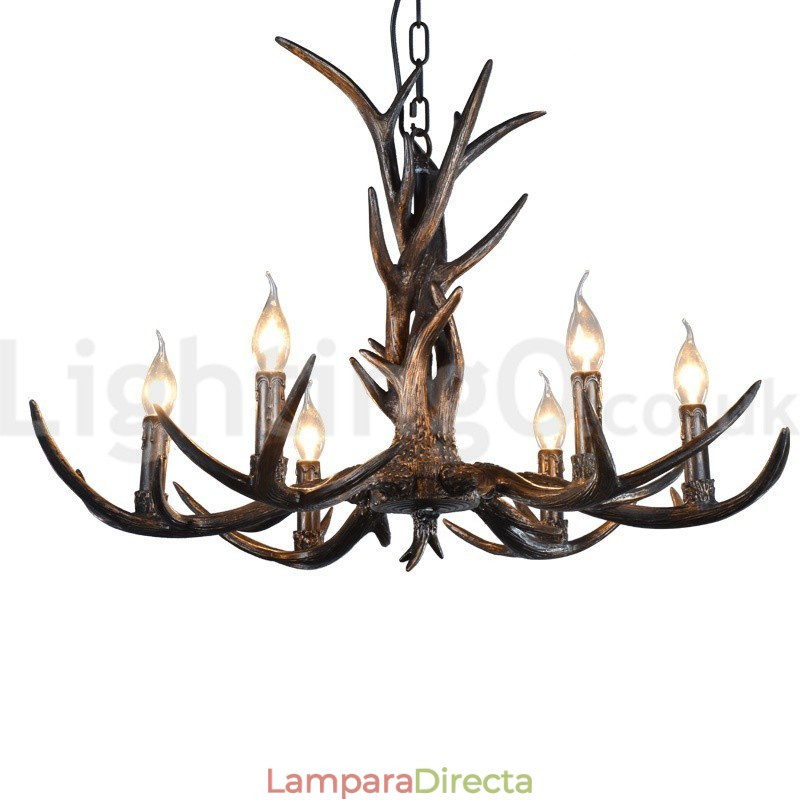 Lámpara de araña vintage rústica, artística, retro, de asta negra, de 6 luces