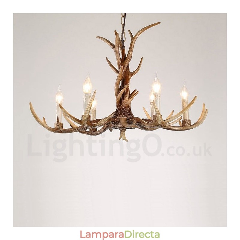 Lámpara de araña rústica artística retro con forma de asta, estilo vintage, de 6 luces