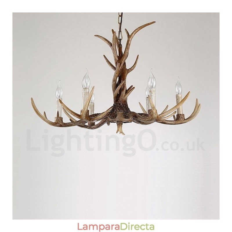 Lámpara de araña rústica artística retro con forma de asta, estilo vintage, de 6 luces