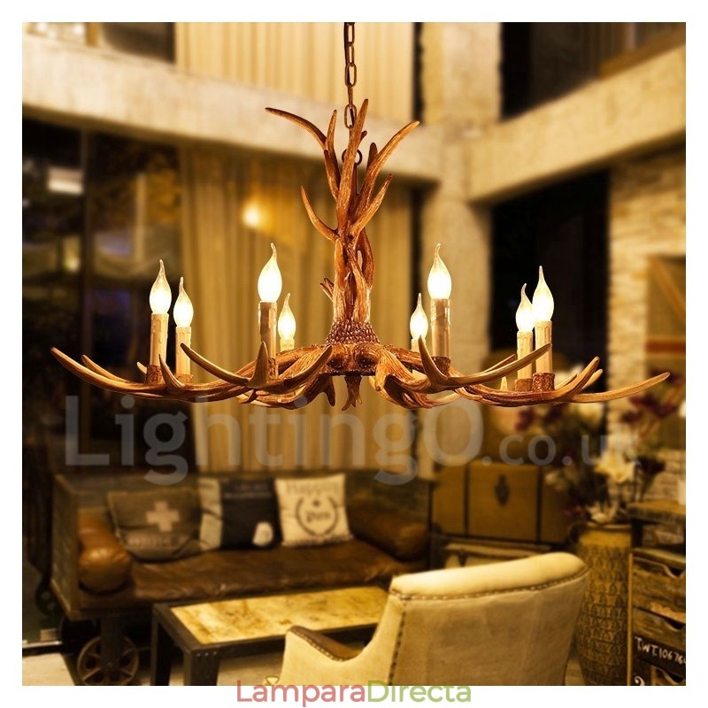 Lámpara de araña rústica artística retro de 8 luces con forma de asta.