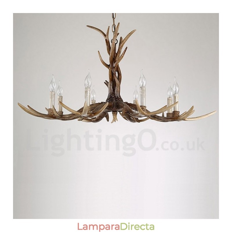 Lámpara de araña rústica artística retro de 8 luces con forma de asta.