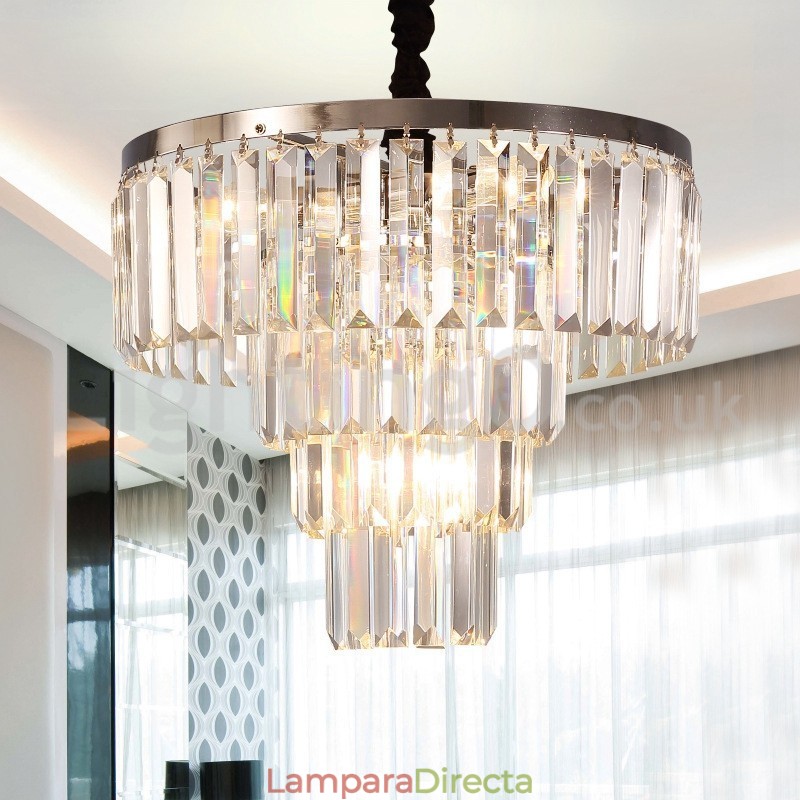 Lámpara colgante de cristal redonda de 4 niveles, elegante y moderna, a buen precio.