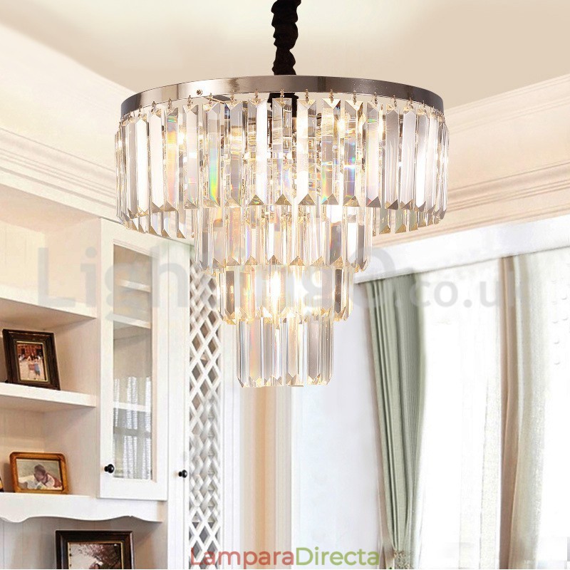 Lámpara colgante de cristal redonda de 4 niveles, elegante y moderna, a buen precio.