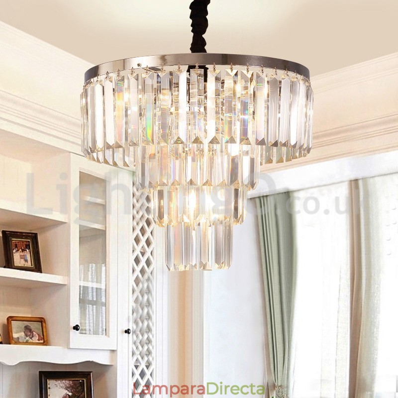 Lámpara colgante de cristal redonda de 4 niveles, elegante y moderna, a buen precio.