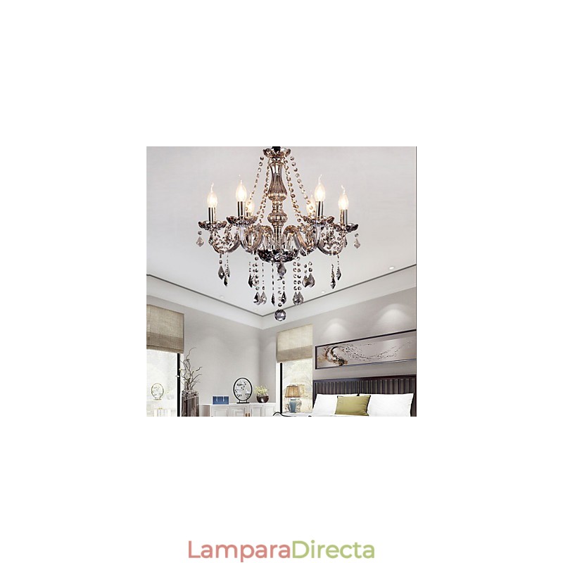 Lámpara de araña de cristal europea de 6 luces en color gris.