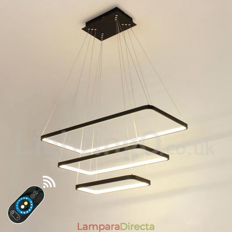 Lámpara colgante regulable con control remoto, diseño moderno, tres rectángulos