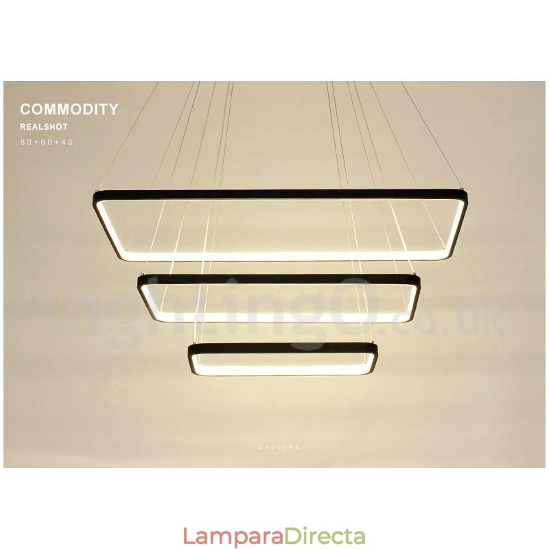 Lámpara colgante regulable con control remoto, diseño moderno, tres rectángulos