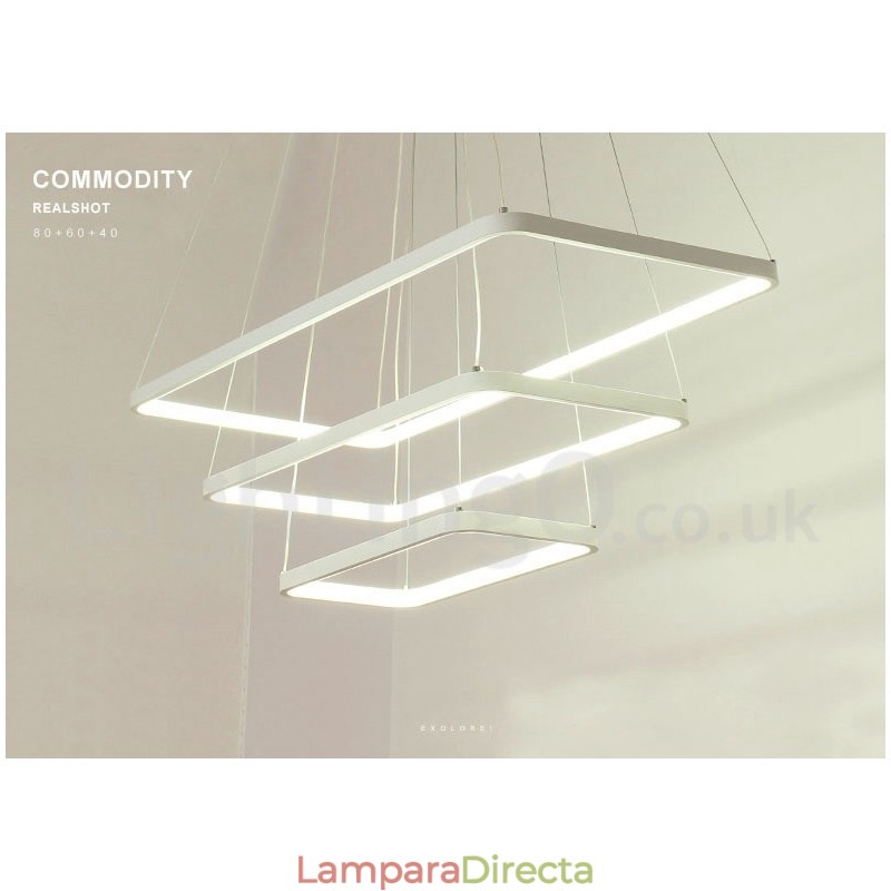 Lámpara colgante regulable con control remoto, diseño moderno, tres rectángulos