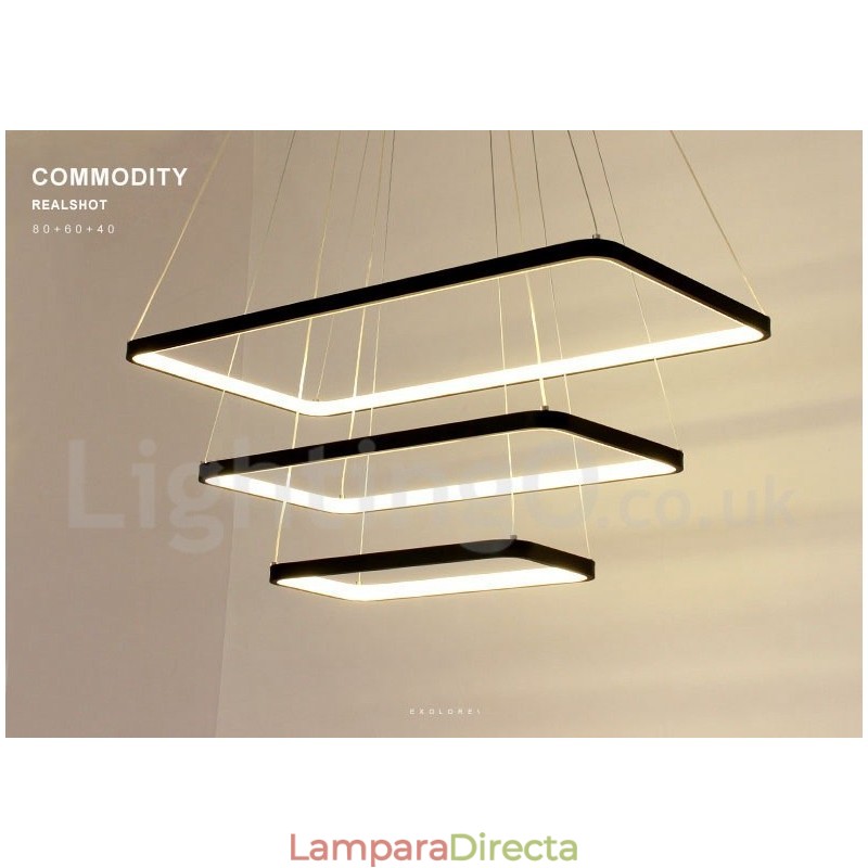 Lámpara colgante regulable con control remoto, diseño moderno, tres rectángulos