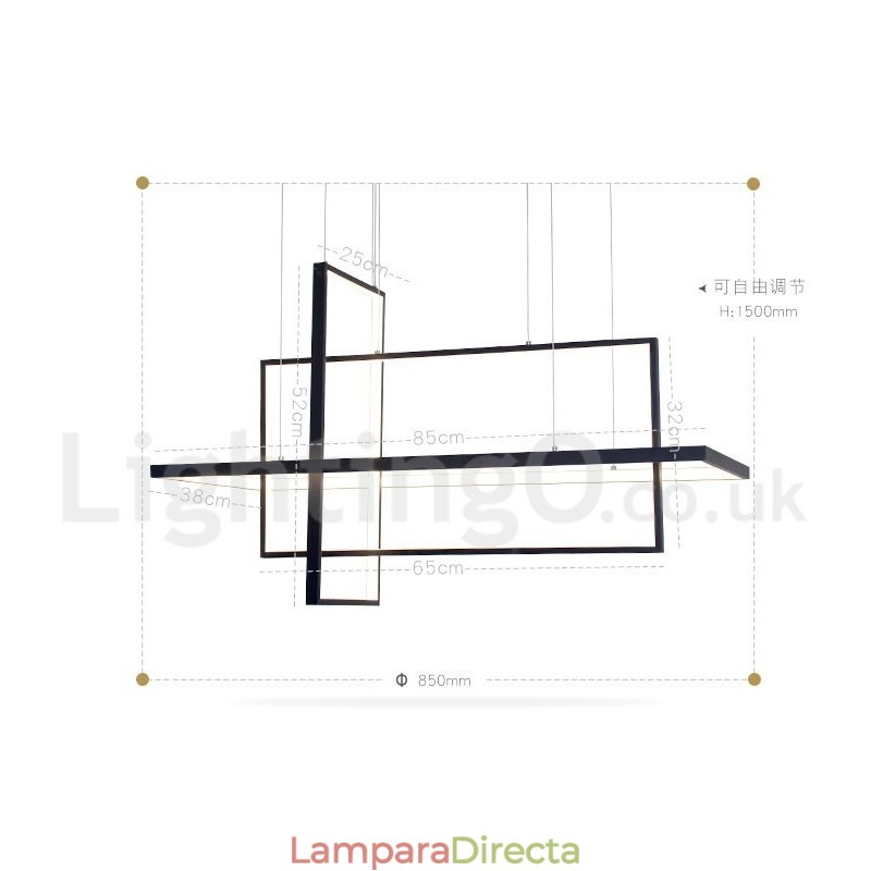 Lámpara colgante regulable con control remoto, diseño moderno, tres rectángulos
