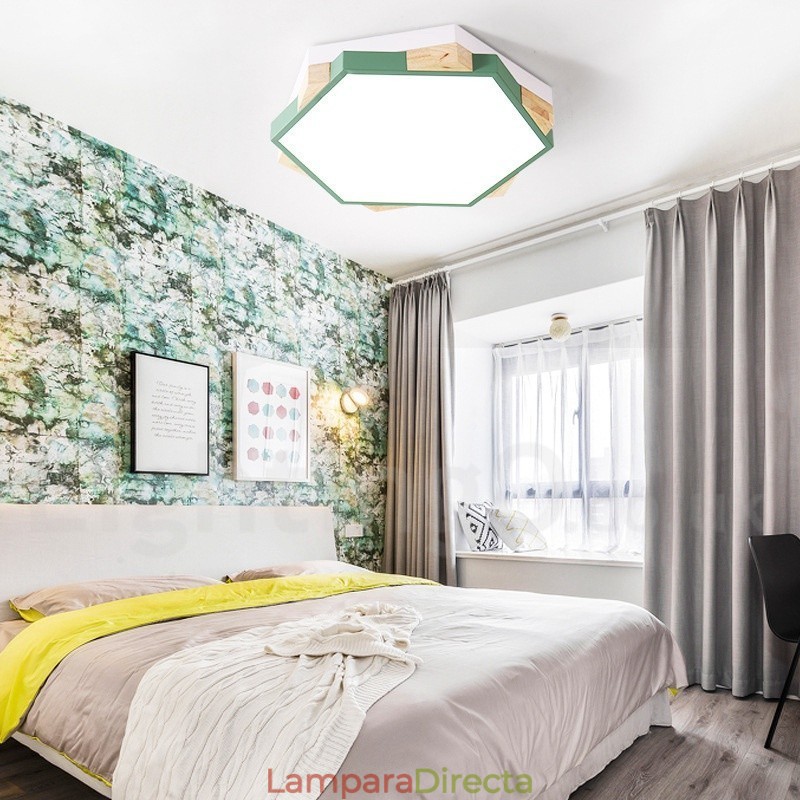 Lámpara de techo hexagonal de madera multicolor regulable con pantalla acrílica, estilo nórdico.