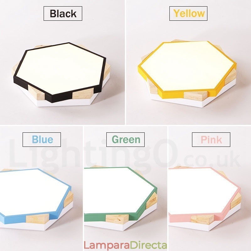 Lámpara de techo hexagonal de madera multicolor regulable con pantalla acrílica, estilo nórdico.
