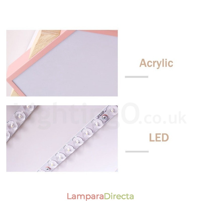 Lámpara de techo hexagonal de madera multicolor regulable con pantalla acrílica, estilo nórdico.