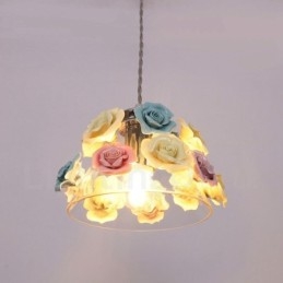 Lámpara colgante de techo con forma de macarrón y flores multicolores con pantalla de cristal