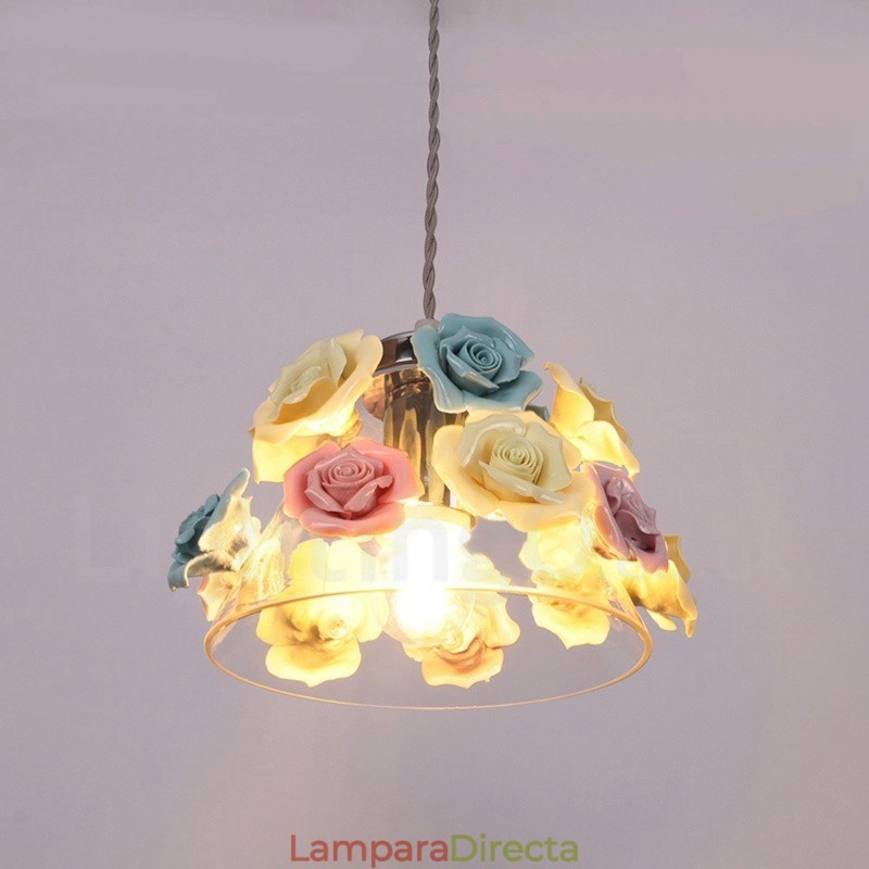 Lámpara colgante de techo con forma de macarrón y flores multicolores con pantalla de cristal