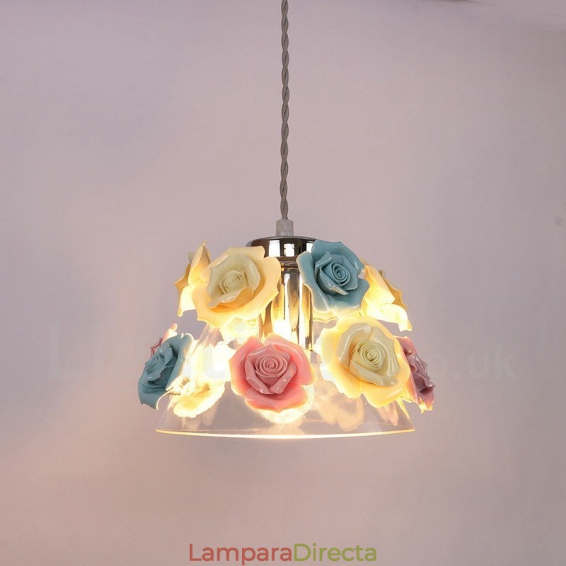 Lámpara colgante de techo con forma de macarrón y flores multicolores con pantalla de cristal